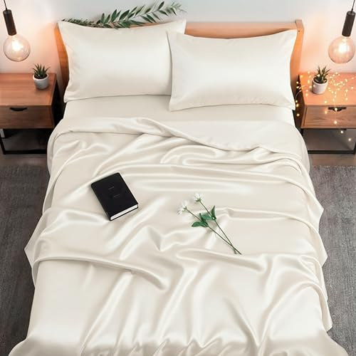 Colorado Home Co SUNDAYSILKS™ Mulberry Silk Bedding Set | 4PC Queen Size - Pure Silk Sheets, Natural, Off White
