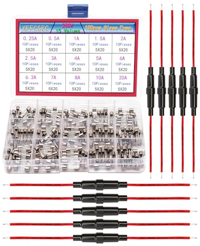 XFFCSEC 5x20 mm Fuse Holder Inline Screw Type with Wire Combo Kit:Provides Red Wire and 150PCS Fast Blow Glass Fuses 15Types:0.25A 0.5A 1A 1.5A 2A 2.5A 3A 4A 5A 6A 6.3A 7A 8A 10A 20A