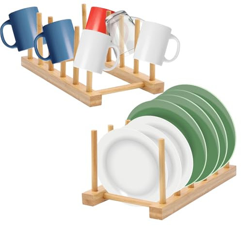2 Pcs Porte-Couvercles, égouttoir à Vaisselle, Support en Bambou pour Assiettes, Egouttoir Range Couvercles, Rangement Cuisine en Bois, 5 Cellules, 25 * 11,5 * 10 cm, pour Vaisselle, Verres à vin