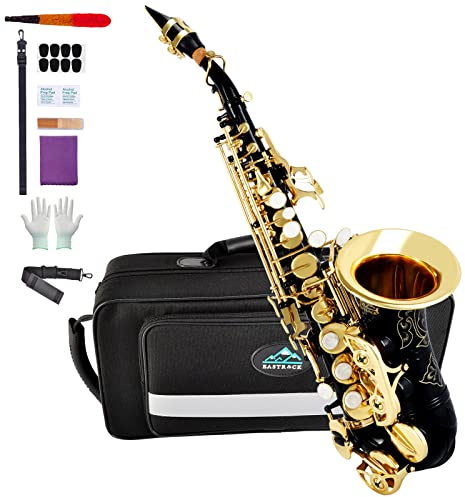 EASTROCK Soprano Saxophone Curved Bb Flat Black Sax Instruments for Beginners Intermediate Players with Carrying Case,Mouthpiece,Pads,Reed,Cleaning kit,neck Strap,White Gloves