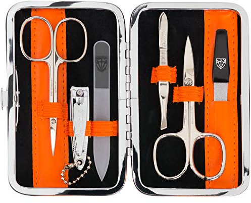 DREI SCHWERTER - Germany 6-tlg. Maniküreset 'Genova' | Maniküre Nagelset im Kunstlederetui Orange | Inhalt: Nagelschere, Hautschere, Nagelknipser, Glasnagelfeile, Pinzette, Saphirnagelfeile