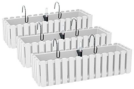 PAFEN 3X Blumenkasten Blumentopf mit Halterungen – 58 x 18 x 16,2 cm - Pflanztopf Bewässerungssystem Balkonkasten Pflanzkästen, Weiß