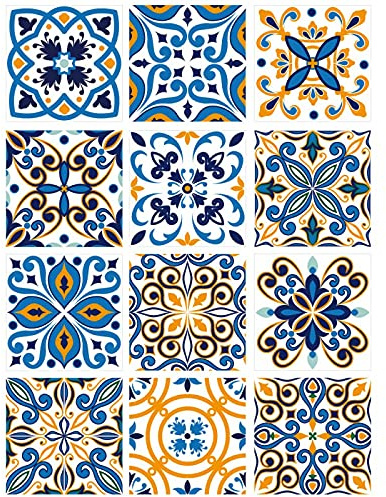 | Sticker Carrelage | Planche de 12 Stickers Carrelage - Carreaux de Ciment - Modèle AZULEJO - Dimensions d'un Carreau : 20 x 20 cm - Salle de Bains Crédence Meubles ...