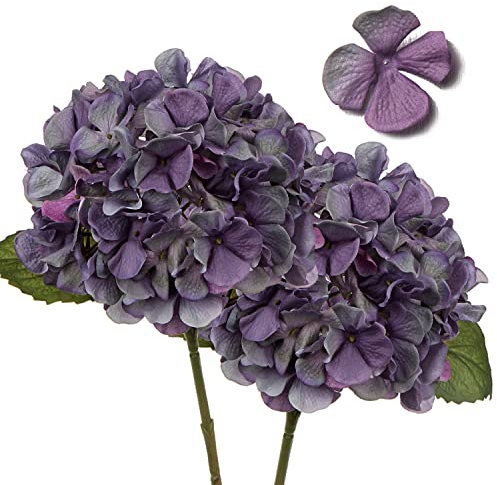 Hollyone 2 pcs Purple Grey Hydrangea Artificial Flowers with 16.9'' Long Stem, Fake Flowers Dried Flowers, Artificial Hydrangea Plants for Kitchen, Home Decor, Party, Wedding Decorations
