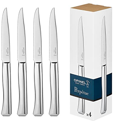 Opinel - Boîte 4 Couteaux de Table Perpétue - Lame Acier Inox Micro-Dentée - Manche Acier Inox Léger et Confortable - Découpe Optimale - Design Contemporain
