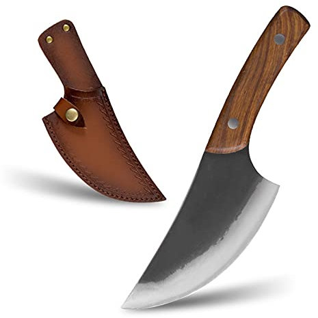 Cuchillo de chef forjado hecho a mano 8 '' pulgada camping herramientas de senderismo cubierta de cuero cubierta de cuero al aire libre serbio chef cuchillos conjunto (Color : E butcher with cover)