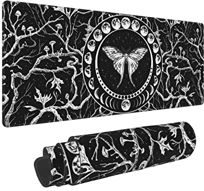 Black and White Moth Moon Phase Gaming Keyboard Mouse Pad Mousepad Huge Extended XL Stitched Edge Rubber Sole for Home Office(31.5X 11.8)