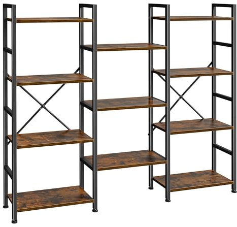 SUPERJARE Triple Bookshelf, Bookcase with 11 Open Display Shelves, Wide Book Shelf Book Case for Home & Office, 4 Tier, Brown,ABC009Z