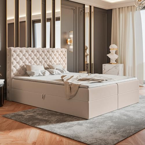 MOTIVENA Nero Chesterfield Boxspringbett 180x200 mit Bettkasten und Topper, Polsterbett 180x200 mit Bettkasten, Bonell-Matratze (H4), T28 Schaumstoff Topper (H3), Samt, Beige (Creme)