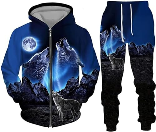 hiegi Wolf Jogginganzug Sportanzug Herren Kapuzenpullover Set 3D Wolf Kapuzenpullover + Jogginghose Männer Sweatshirt Hose