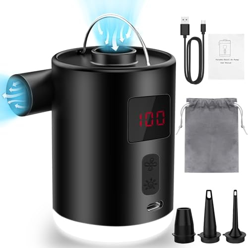 Pompe à air électrique 4 000 mAh Batterie Rechargeable avec 3 Buses Gonfleur électrique Portable avec Source de lumière, Peut être accroché, adapté pour Bateau Gonflable, piscines, Matelas de lit