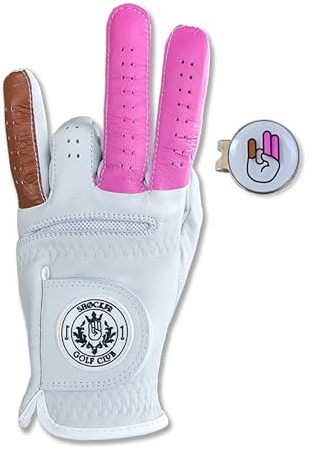 Scale Wear Design Lustiger Golfhandschuh Ballmarker – plus Hut-Clip, Shocker, Cabretta-Leder, Erwachsene, Herren, Golfhandschuhe, Gag, Geschenk, Herren, 2 Stück, Rosa, 1 brauner Finger