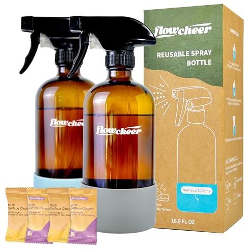 flowcheer Multi-Surface Cleaner Kit-2-pack återanvändbara sprayflaskor och 4-pack alla rengöringsmedel påfyllningsplatta, 4 x 40 ml flaskor med sprayrengörare – hushåll och köksrengöring – citron och