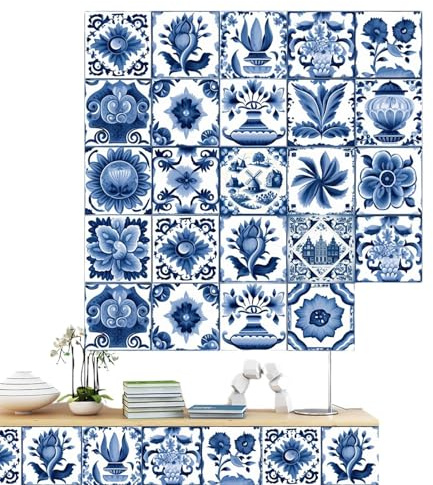 Monozoz 24 azulejos de estilo portugués para despegar y pegar, adhesivos para azulejos, resistentes al agua, 24 unidades