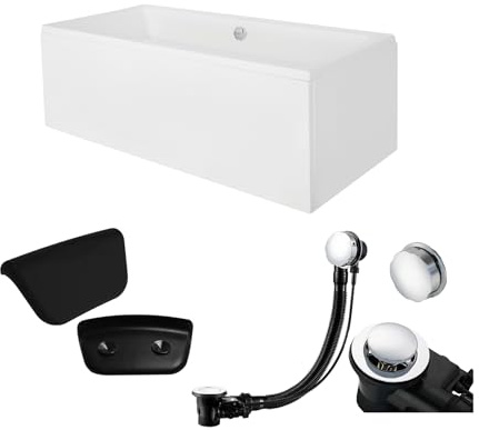 KOLMAN KOMPLETTSET 5in1 Acryl Weiß Wanne Badewanne Rechteck 180x80 cm QUADRO Made in EU + AcrylSchürze + Badkissen KODI in Schwarz, mit Premium Ablaufgarnitur in Chrom & Wannenfüße