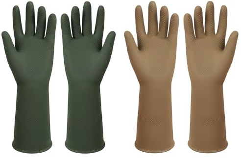 ZUIMER Rubber Dishwashing Gloves Reusable Kitchen Gloves 2 Pairs Long Lasting Non-Slip Cleaning Gloves for Dishwashing (Dark Green and Brown, M)
