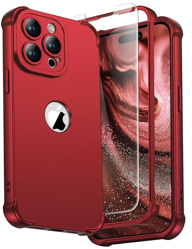 ORETECH Cover Compatibile con iPhone 15 Pro Max, Custodia iPhone 15 Pro Max con [2 x Pellicola Protettiva Vetro Temperato] 360 Protezione Ultra Sottile Hard PC TPU Silicone Antiurto Cover-Rosso