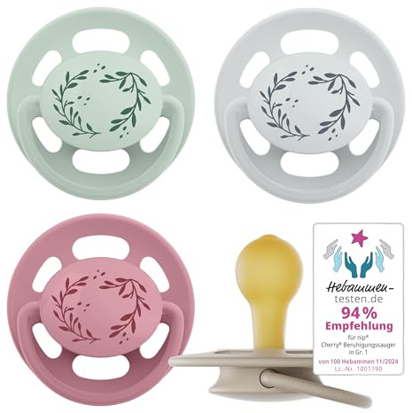 nip Cherry Schnuller 0-6 Monate 4er Pack Kirschform Latex stillfreundlich | kiefergerecht zahnfreundlich hautfreundlich natürlicher Rundsauger Naturkautschuk Made in Germany Größe 1 rot/grau