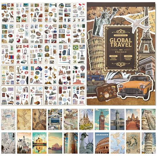 Travel Scrapbook Pack 300PCS Pre-Cut Washi Tape Stickers, 20PCS Paper, World Travel Stickers for Journaling, Notebook, Album, Phone Case, Laptop, Card Making