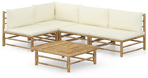 Sufrk 5-TLG. Garten-Lounge-Set mit Cremeweißen Kissen Bambus Essecke Mit Eckbank Und Tisch Outdoor Furniture - 3058241