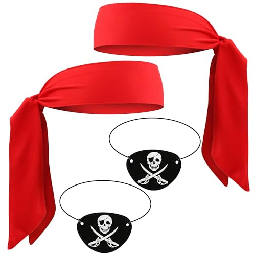 YUYWWAN Piraten Accessoires Set Erwachsene Kinder, 2 Pirat Augenklappe 2 Piraten Kopftuch, Piratenkostüm Zubehör für Männer Frauen Karneval Halloween Piraten Kapitän Rollenspiel Accessoires (Rot)