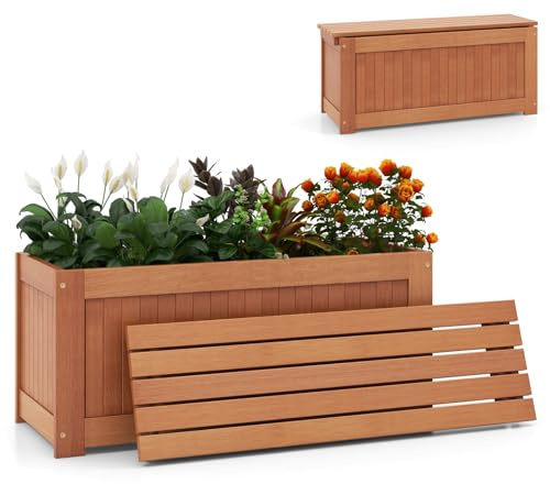 COSTWAY 2-in-1 Outdoor Planter Bench, Wood Garden Bench Raised Bed with Open Base, Teak Oil Finish and Detachable Seat, Rectangular Plant Flower Pot Container for Backyard Patio Balcony