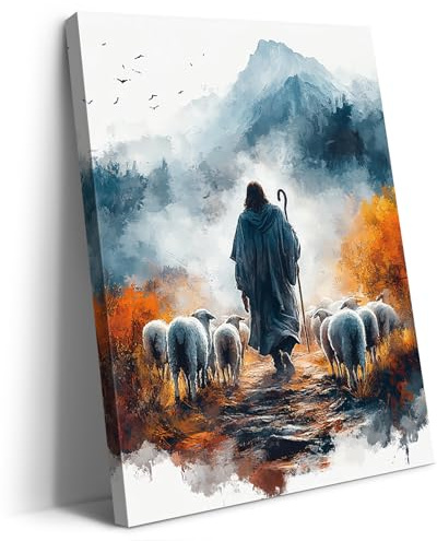 Artscope Leinwandbilder Jesus und Lamm Motiv Kunstdruck - Religiöse Wandbild für Kirche Gebetsraum Wohnzimmer Wanddekoration - 30 x 40 cm