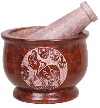 Divit Shilp Mortaio e pestello, realizzato in pietra dura lucidata resistente, macina pietra naturale per spezie, paste, erbe, condimenti, ecc. (elefante marrone)