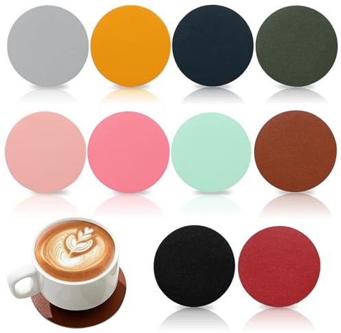 10 PCS Drink Coasters, Coloured Leather Coaster Set | Double Sided Glass Coasters, Round Cup Mats Waterproof Non-slip for Home Bars Tea Coffee Drinks (10 Colors)