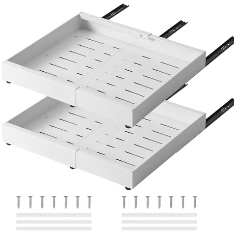 HaiYiZuhause Auszug Küchenschrank 42 cm Tief mit Kleber ohne Bohren 2er-Pack Schubladen organizer ausziehbare Schublade Küche aus Kohlenstoffstahl Teleskopschublade erweiterbare Breite 32-52 cm, weiß