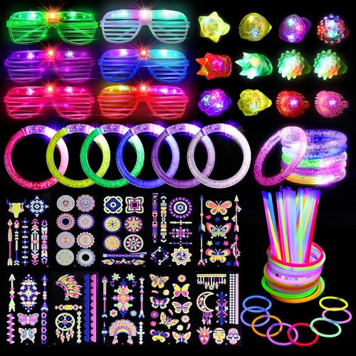 Vivantia 90 Pieces Glow In The Dark Party Supplies Light Up Neon Party Favors Include LED Shutter Shades Glasses, Bracelets, Lighted Jelly Rings, Glowsticks, Tattoos for Glow Parties Concerts Campings