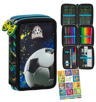 Goldkids - Federmäppchen 3 Fächer - Mäppchen für Mädchen und Jungen - Federmappe 3-Fach Federtasche Gefüllte Schüleretui Schulmäppchen und Hausaufgabenheft - Fußball Motiv