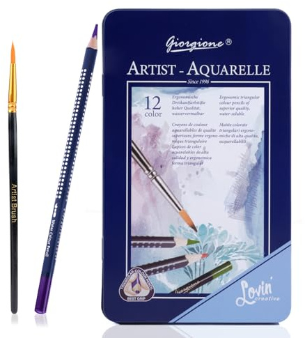 Pinboov Aquarellstifte,12 Wasservermalbar Aquarell Buntstifte,Colored Pencils mit Feinem Pinsel und Präsentationsbox aus Blech,Malsachen für Kinder und Erwachsene|Wasserbasiert, sanfte Farben