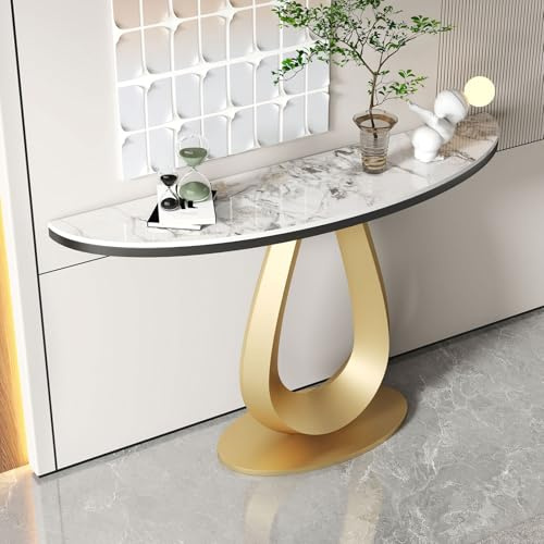 Consolle da ingresso moderna in stile crema, tavolini da divano a forma di mezzaluna con piano in pietra sinterizzata, tavolo da accento for corridoio tavolo da foyer stretto.(Gold,80x35x80cm)