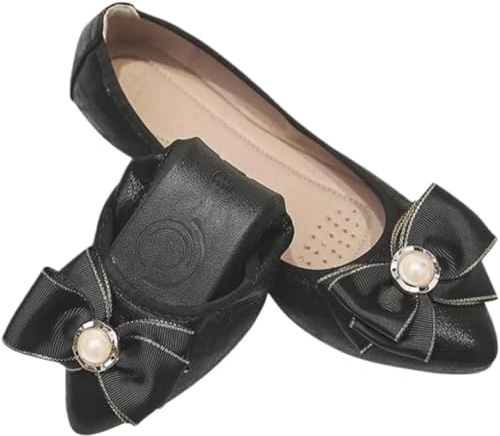 Ballerine da donna pieghevoli con strass a punta, morbide e confortevoli, eleganti mocassini con fiocco, Nero , 41 EU