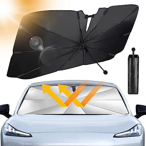 JelKen Auto Sonnenschutz Frontscheibe mit 360° drehbarer Griff | Carbonfaser-Skelett | Effektiver UV-Schutz & Wärmeisolierung | Universal für die meisten Fahrzeuge, 125x65cm