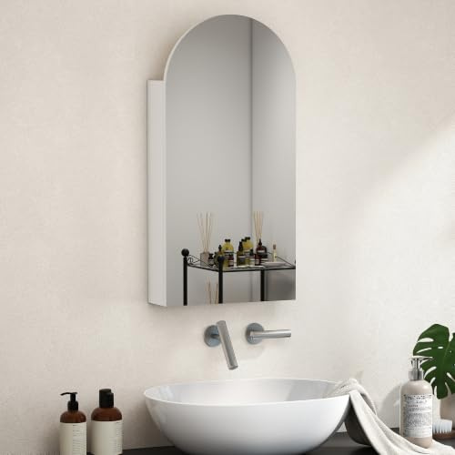 HOMCOM Badezimmer-Spiegelschrank Wandmontage Modern 40x12x80cm Weiß | Badezimmer-Wandschrank, rahmenloser Bogen-Spiegel, verstellbare Glasregale.