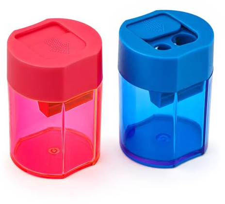 JEFURE Anspitzer mit Großbehälter, 2 Stück, Doppelloch, Neonpink & Blue | Manueller Bleistiftspitzer Pencil Sharpener mit Schiebedeckel, für Dicke und Dünne Stifte, für Schule, Büro