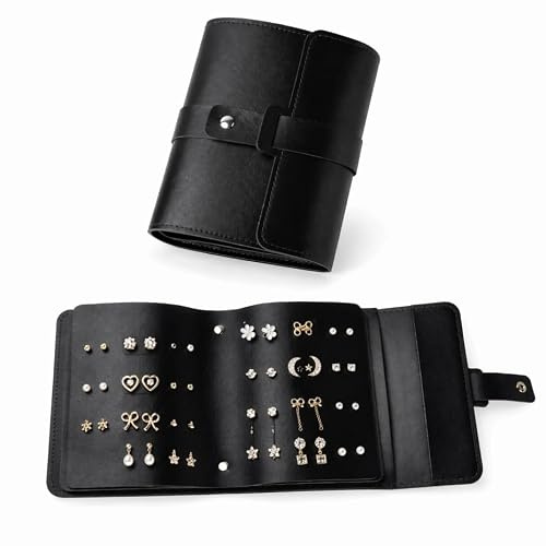Pleyihe Earring Storage Organiser, Portable PU Leather Book-Style Case, Stud Earrings Holder, Waterproof Travel Jewellery Roll, Small Gift for Women and Girls, Black