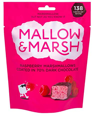Mallow & Marsh Bolsa de Compartir Marshmallow con Recubierto de Frambuesa en 70% Chocolate Oscuro, paquete múltiple 6 x 100g