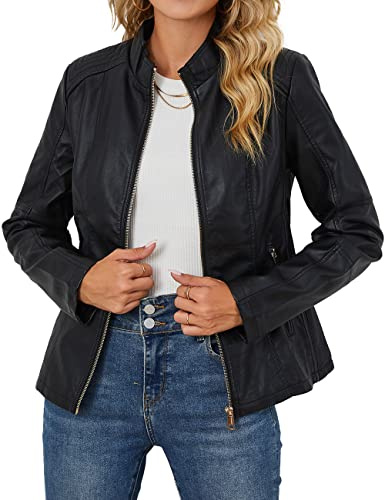 Bellivera Faux Leather Jacket Women Motorcycle Zipper Stand Collar Bomber PU Bike Coat with Pockets PU37 Black XL