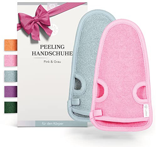 LoWell® 2 Stück Peelinghandschuh Körper, Hamam Handschuh Peeling für Körper und Gesicht, Handschuh Peeling, Exfoliating Gloves, Body Scrub, Bonus Peeling Guide und 2 Saugnäpfe, Grau/Pink