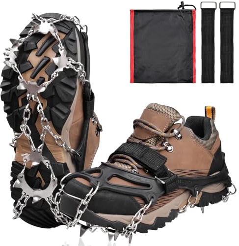 Ice Grips Snow Crampon Cleats with 19 Teeth Stainless Steel Chain Claws Anti-Slip Ice Traction Snow Spikes Footwear Shoes Cover for Hiking Fishing Jogging Walking Climbing (L)