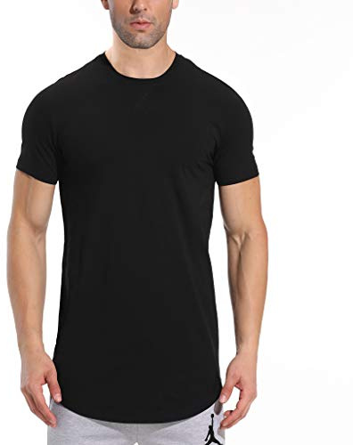 Mens Longline Gym Muscle Bodybuilding Tshirts Hipster Reflective Line Scallop Crewneck Tees Shirts Tops