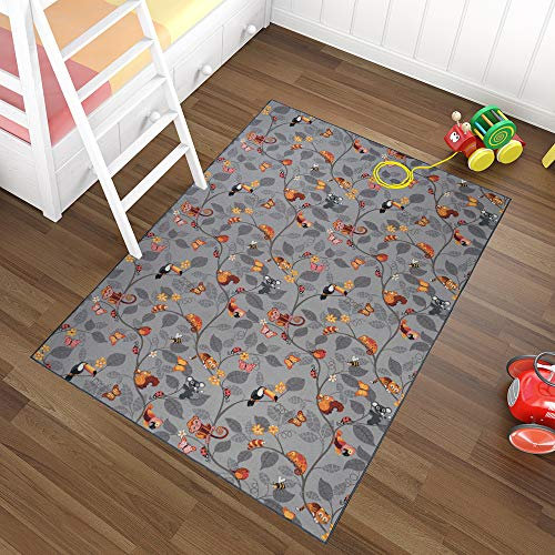 TAPISO Nino Teppich Kurzflor Kinderteppich Kinderzimmer Grau Bunt Mehrfarbig Modern Tiere Koala AFFE Katze Tukan Design Spielteppich 140 x 200 cm