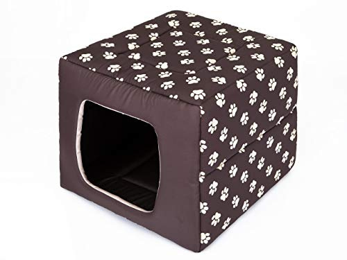 PillowPrim Hundehütte Hundebett 2in1 Hundehöhle Hundebett Hundehaus Tierbett braun mit Pfoten Größe M 43x43 cm