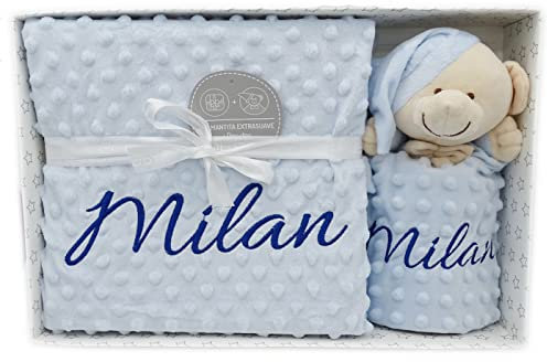 variouss Manta de Bebe Personalizado con su Nombre Bordado, Manta de copito, Regalos Padres Primerizos. Bautizo, Baby Shower (Manta + DouDou)