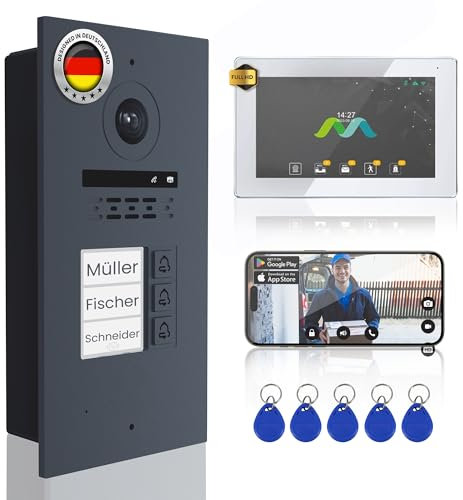 MATHFEL 2-Draht-Bus Video-Türsprechanlage – 3-Familienhaus, 170° Weitwinkelkamera, 3X 7-Zoll Touchscreen-Monitor, RFID, Anthrazit Außenstation, WLAN-App und IP65 wetterfest