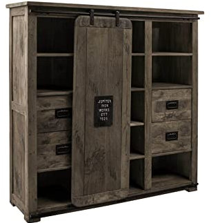 MASSIVMOEBEL24.DE | Railway massives Highboard - grau lackiert aus Mangoholz 142x45x147 mit Eisen 4 Türen - 3 Schubladen Wohnzimmerschrank, Hochkommode
