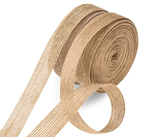 OWill Hessian 2 Rolls of Jute Ribbon, 20m Long Natural Ribbon, Decorative Ribbon for Crafting and Gift Wrapping (2cm)